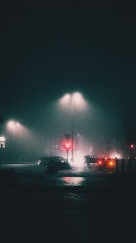 Atmospheric nighttime street scene with moving cars in rainy Aurich, Germany.