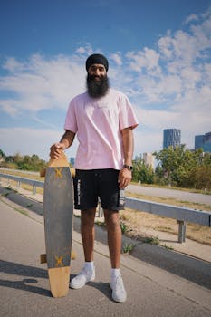 Man in turban with longboard on an urban street, showcasing modern style and fashion.
