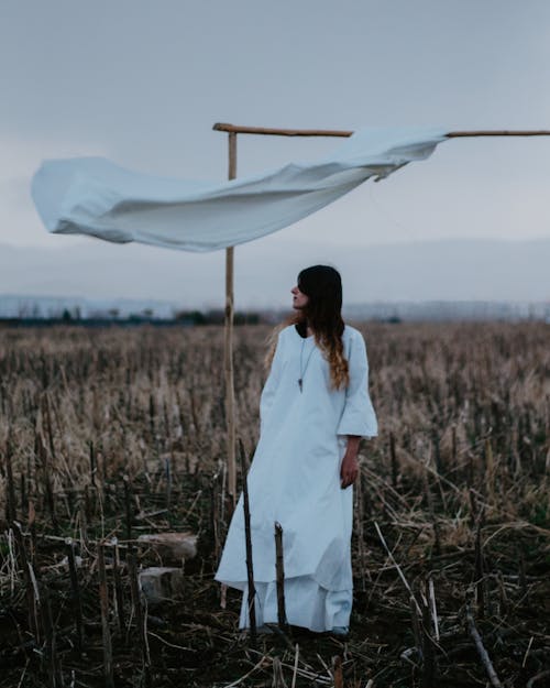 Fabric Hanging over Woman in White Dress on Grassland
