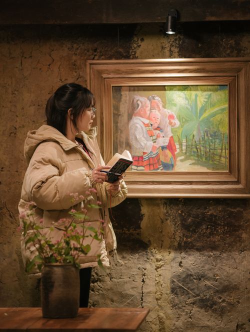 Free Asian woman in a puffer jacket observes a framed painting in a cozy museum environment. Stock Photo