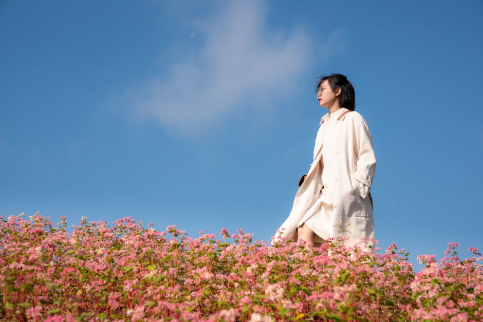 A woman in a white coat walks through a vibrant field of pink flowers under a clear blue sky.