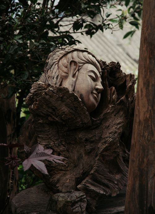 Free A serene wooden carved Buddha sculpture nestled in natural surroundings, capturing spiritual tranquility. Stock Photo