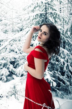 A woman in a striking red dress poses gracefully in a snowy forest landscape.