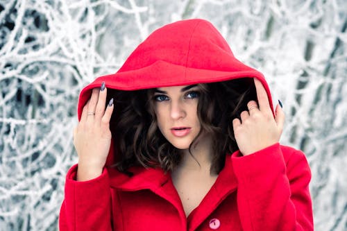 Woman in Woolen Red Hoodie Coat