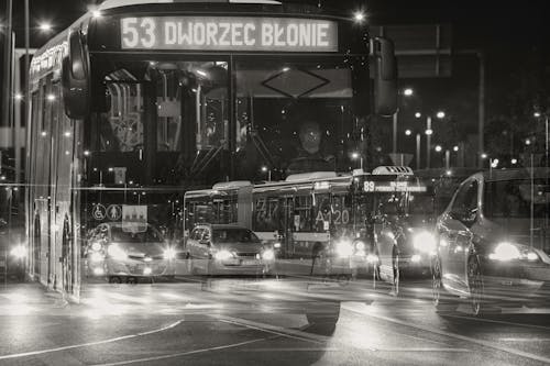 Blurred Cars and Bus on Street in Bydgoszcz in Black and White