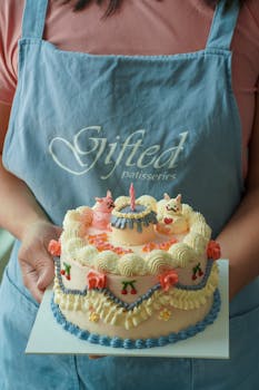A detailed birthday cake with whimsical designs held by a baker wearing a blue apron.