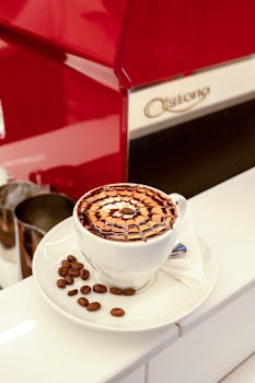 Close-up of cappuccino with latte art, surrounded by coffee beans on a saucer.