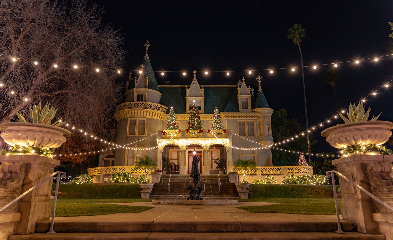 A large home fully illuminated with Christmas lights and decorated trees at night.