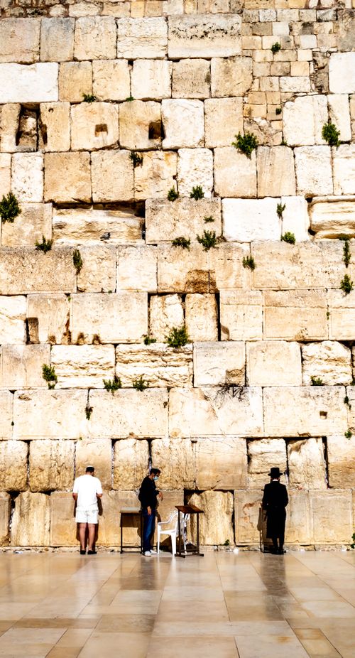 Free People praying at the historic Western Wall in Jerusalem, a symbol of faith and tradition. Stock Photo