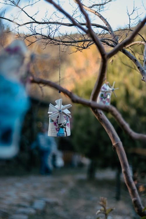 Close-up of Miniature Windmills Ornaments Hanging on Tree Branches 