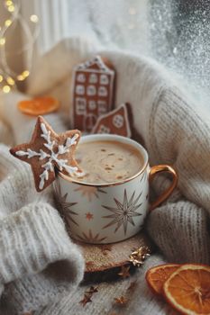 A warm cup of cocoa adorned with gingerbread, perfect for winter festive ambiance.