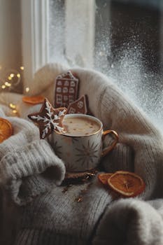 Warm winter setting with hot coffee, gingerbread, and cozy sweater on a windowsill.