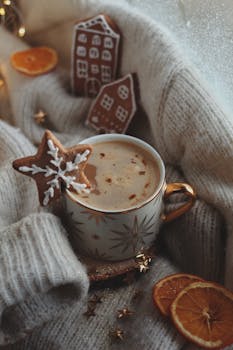 A cozy winter scene with a star mug, gingerbread cookies, and dried oranges.