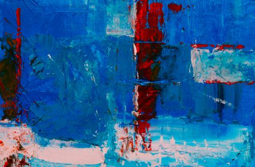 Free A vibrant abstract acrylic painting with bold blue and red patterns on canvas. Stock Photo