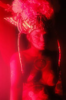 A captivating fantasy portrait with elaborate costume and red lighting.
