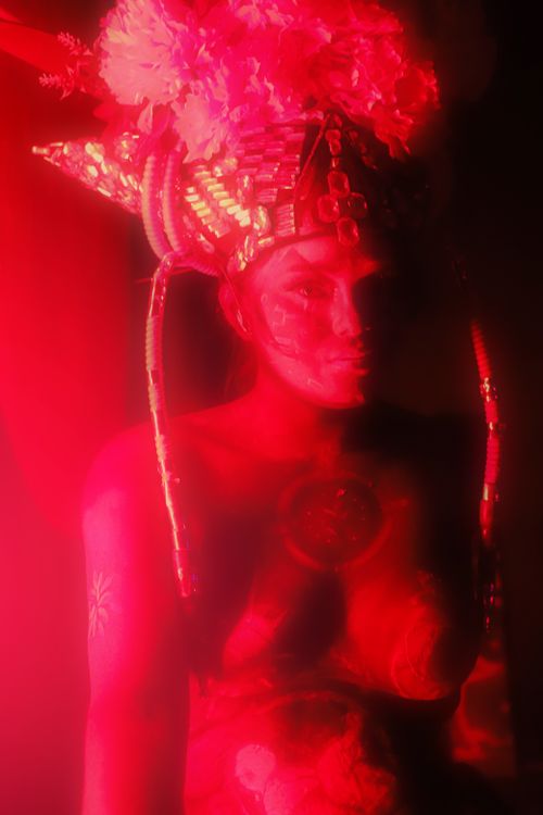 Free A captivating fantasy portrait with elaborate costume and red lighting. Stock Photo