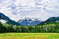 雪山风景优美，四周环绕着郁郁葱葱的森林，天空多云