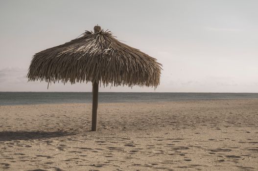 A tranquil beach featuring a lone tiki umbrella under a pastel sky.