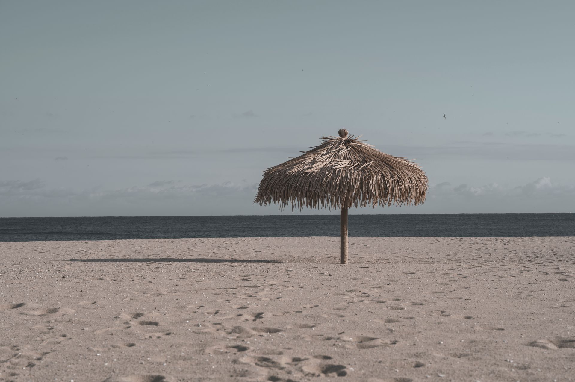 Peaceful sandy beach with a single straw umbrella under a blue sky and open ocean.