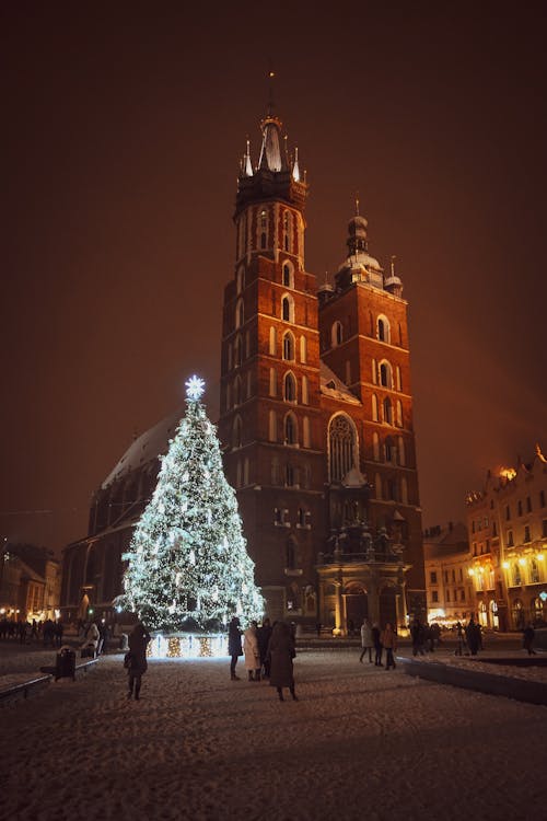People Walking on the Street Near the Christmas Tree and Basilica at Night
