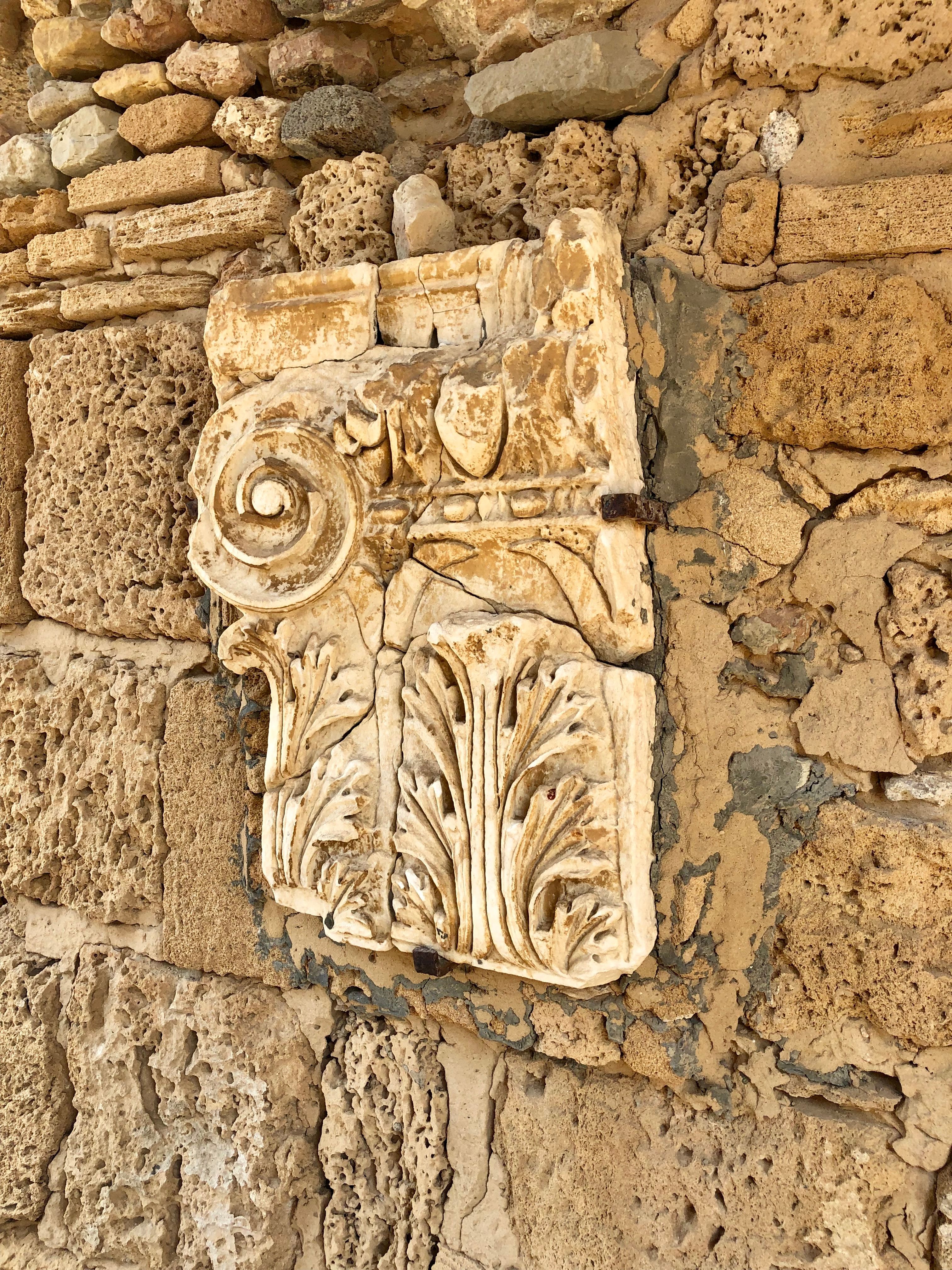 Close-up of an ancient Roman column at the Baths of Antoninus in the Archaeological Site of Carthage, Tunis Governorate, Tunisia.