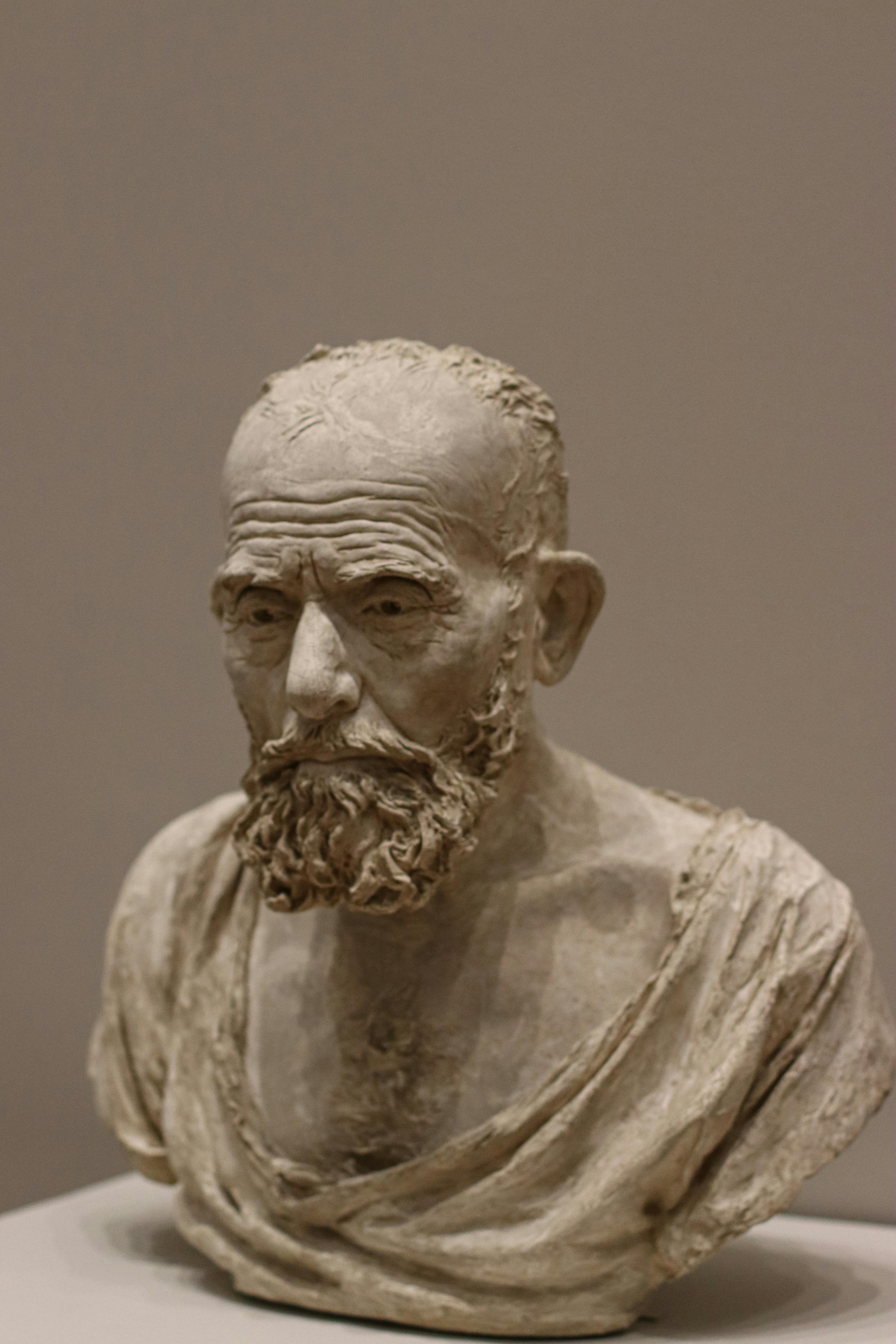 a close up of a bust of a man bald, with a beard, cinematic bust