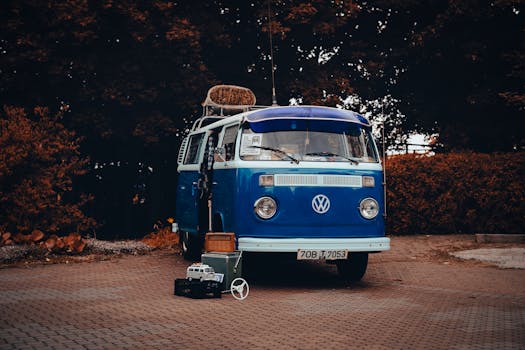 Retro blue Volkswagen van parked outdoors, showcasing classic design and travel vibe.