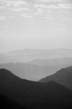 Monochrome view of layered mountain ranges in Santiago de Querétaro, Mexico.