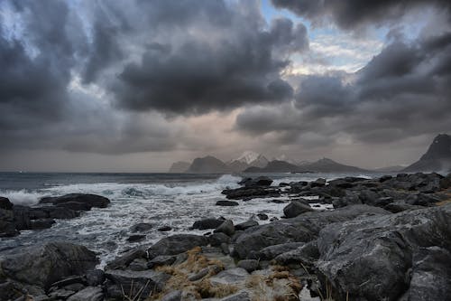 Gray Rocks on the Shore under the Cloudy Sky