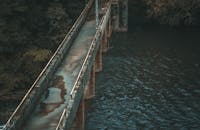 一座古老的混凝土桥横跨在绿树环绕的平静河流上