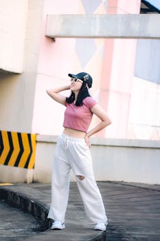 Confident woman in stylish attire posing outdoors against urban backdrop in Cimahi, Indonesia.
