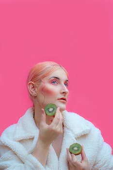 A striking portrait of a person holding kiwi slices with a bold pink background.