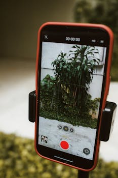 A smartphone on a tripod recording lush green plants outdoors in a garden setting.