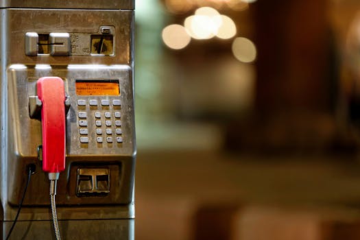 Vintage public telephone with red handset in an urban setting, blurred bokeh background.