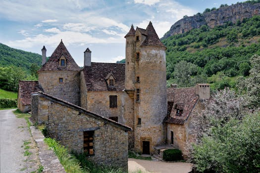 A stunning medieval chateau in Autoire, Occitanie surrounded by lush greenery.