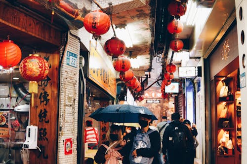 Narrow Alley in Town with Chinese Lanterns