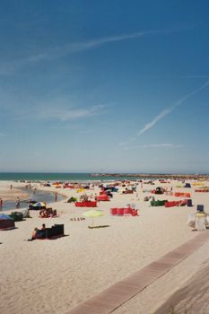 A lively beach scene with vibrant umbrellas and relaxing visitors under a bright summer sky.