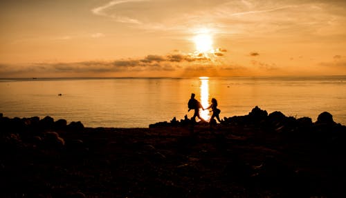 Silhouette of People Running near Body of Water