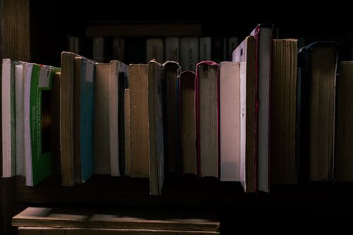 Free Close-up of vintage books with aged covers arranged neatly on a wooden shelf in a dimly lit setting. Stock Photo