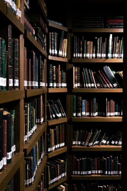 Free A vintage-style library corner filled with old books on wooden shelves, creating a nostalgic atmosphere. Stock Photo