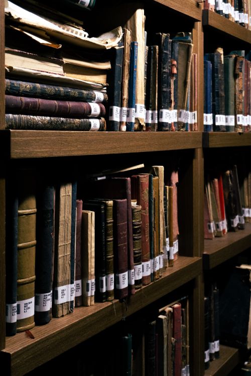 Free Explore the charm of a vintage library with ancient books stacked on a traditional wooden bookshelf. Stock Photo