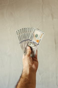 Close-up of a hand holding a fanned-out stack of US hundred dollar bills, symbolizing wealth.