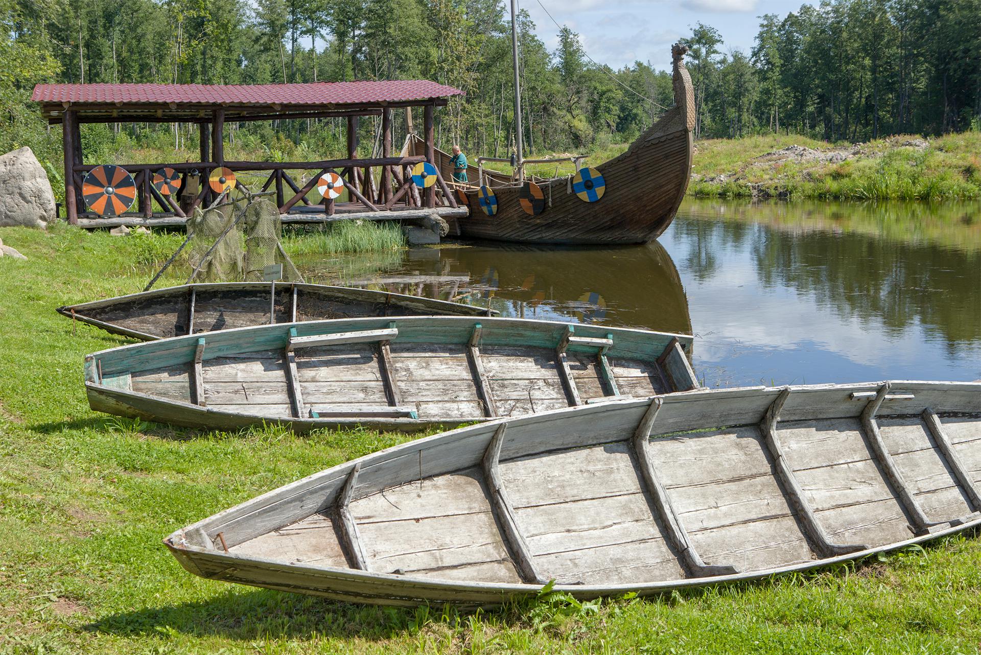 Wooden and Viking Boats on River