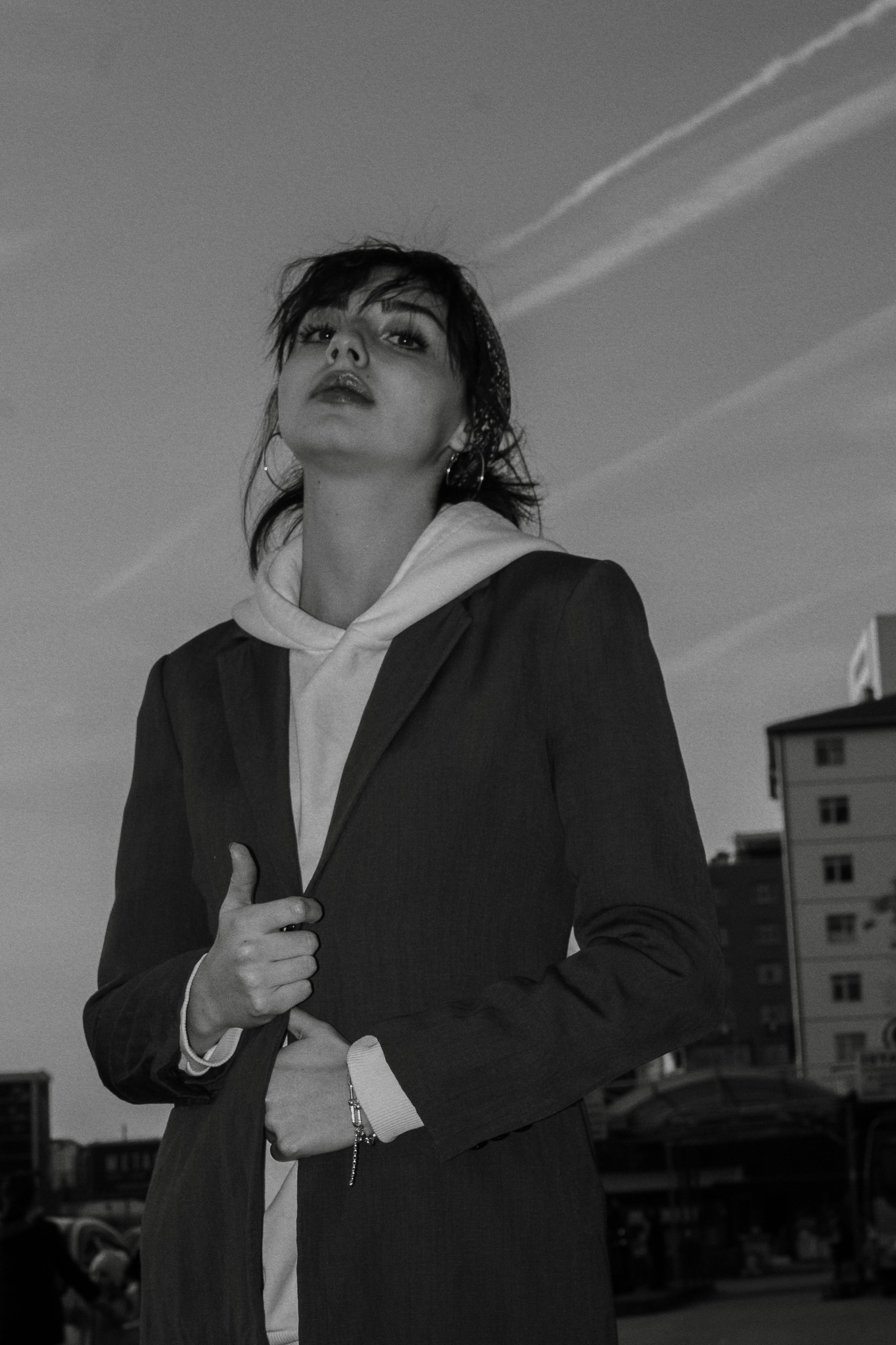 Black and white portrait of a stylish woman in Ankara, Turkey.