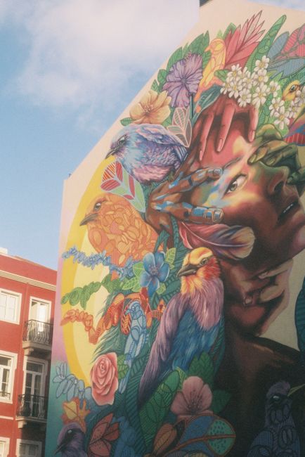 Colorful street art mural in Lisbon with birds, flowers, and abstract human face.