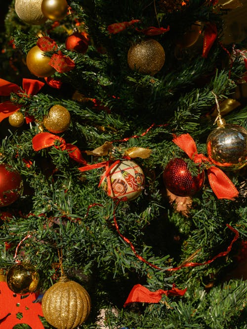 Close-Up Shot of Christmas Balls on Christmas Tree