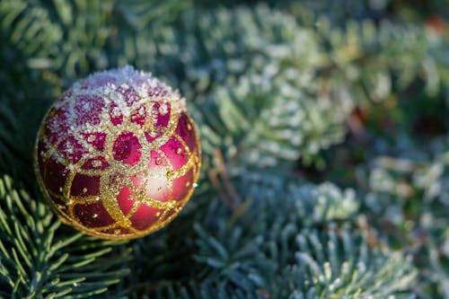 Decorated with a Golden Glitter Pattern Red Christmas Bubble Covered with Ice