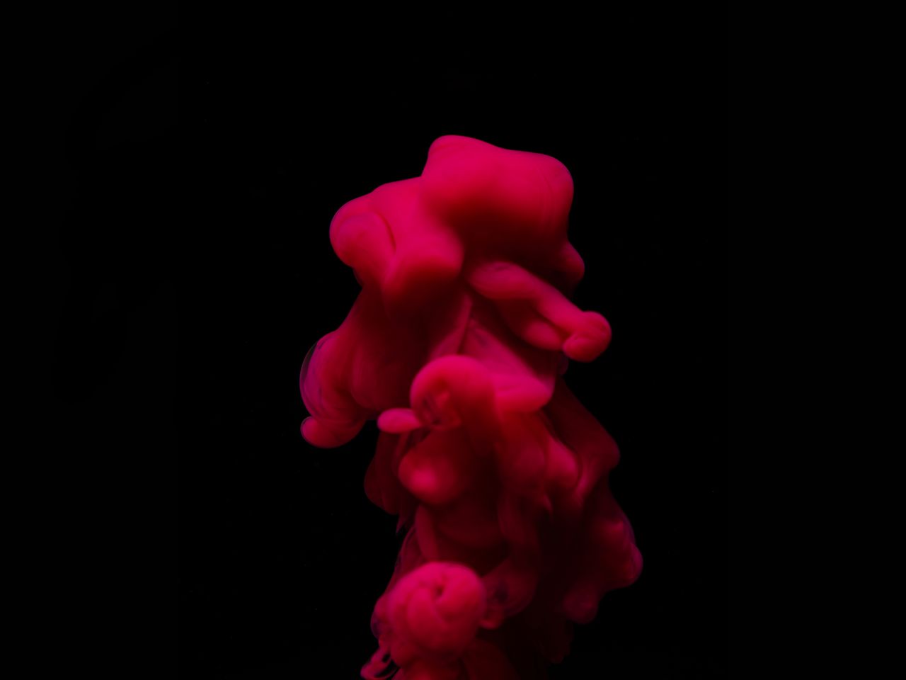 a vivid red ink swirl submerged in water against a black background cr