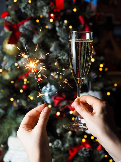 Celebrate with champagne and sparkler in front of a decorated Christmas tree. Perfect holiday vibe.