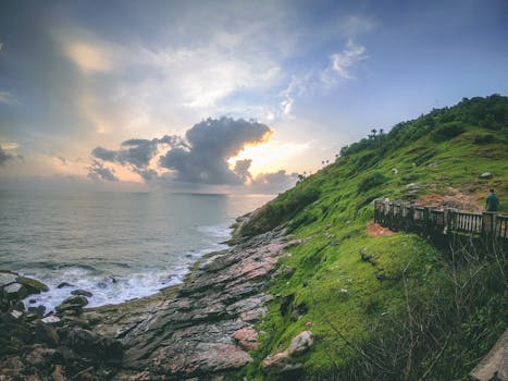 日出时分，辛德胡杜格海岸的景色令人惊叹，郁郁葱葱的绿色植物与岩石海岸尽收眼底